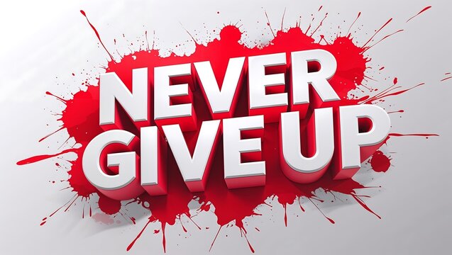A 3d never give up text on a red paint splatter background for motivation