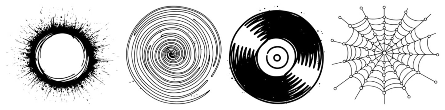 Diverse graphic design elements featuring a sunburst spiral vinyl record and spider web
