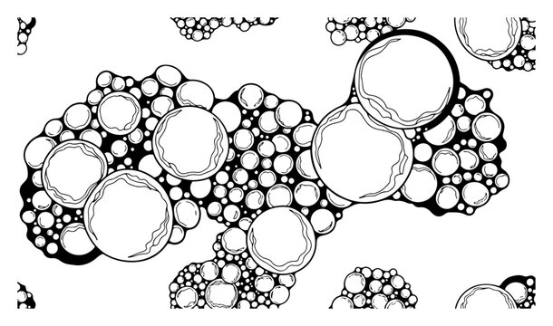 Soap foam bubbles and suds clustered together in detailed black and white line art style