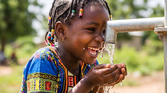 Young African girl happily drinking clean water from a community tap, a symbol of life and progress