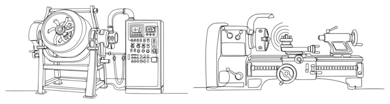 Industrial metal lathe machine and CNC milling equipment in minimalist line art style