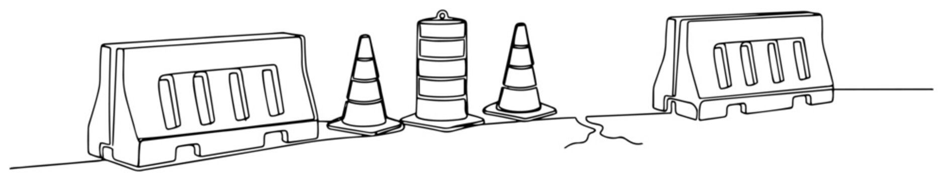 Road construction safety barriers and traffic cones in minimalist line art style