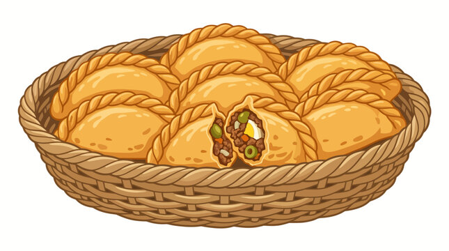 Golden Empanadas in Woven Basket.