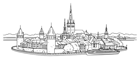 Tallinn medieval city skyline with old town towers and church in minimalist line art style © Tomas