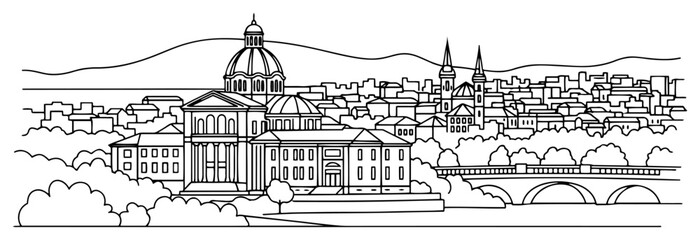 European city skyline with cathedral dome and bridge in minimalist line art style © Tomas