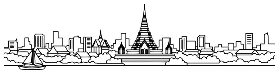 Fototapeta premium Bangkok city skyline with Wat Arun temple and sailboat in minimalist line art style