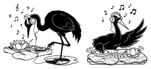 Naklejka premium Crane bird acting as DJ with headphones and turntable among lotus flowers in artistic doodle style