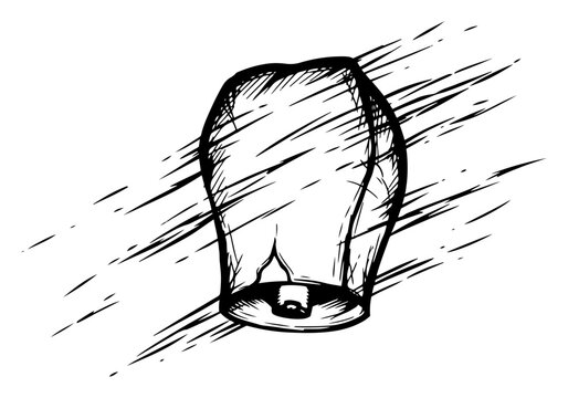 Sky lantern flying with speed lines in hand drawn engraving style