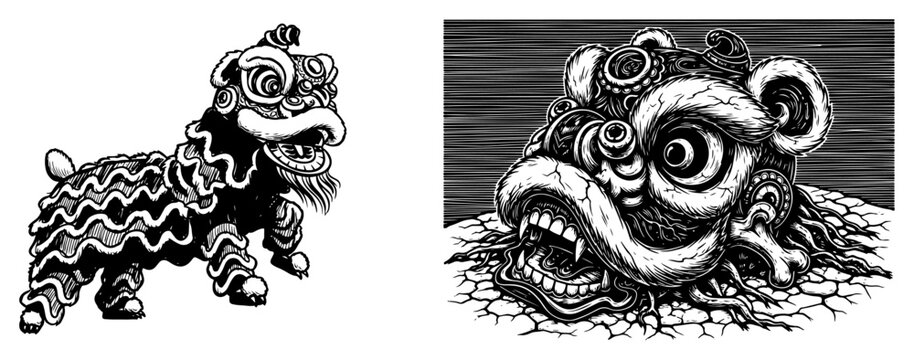 Chinese lion dance costume and head mask in vintage engraving style