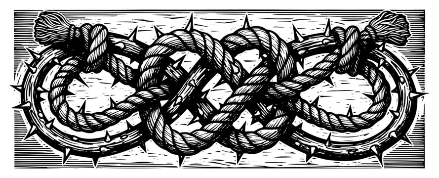Rope knot intertwined with crown of thorns in vintage woodcut engraving style