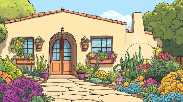 Colorful landscaping around a stucco house.  Possible use Stock photo for home design, landscaping, or real estate