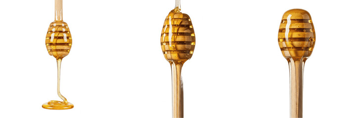 Three wooden dippers with fresh sticky honey pouring and dripping isolated on a white background © moon k