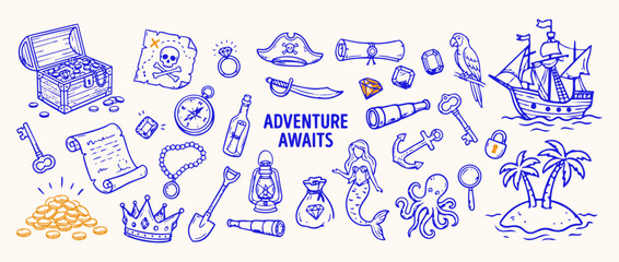 Pirate Treasure Collection: A charming collection of hand-drawn illustrations depicting a pirate's life, including a treasure chest brimming with gold, a treasure map marked with a skull. © Saiid-Designs