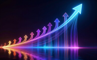 Naklejka premium Vibrant neon arrows ascend in a glowing reflective path toward