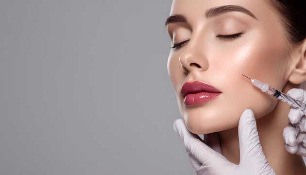 Primer plano de una mujer joven recibiendo inyecciones cosm&eacute;ticas faciales y relleno de labios por un profesional de la salud, ideal para conceptos de medicina est&eacute;tica, dermatolog&iacute;a y tratamientos de