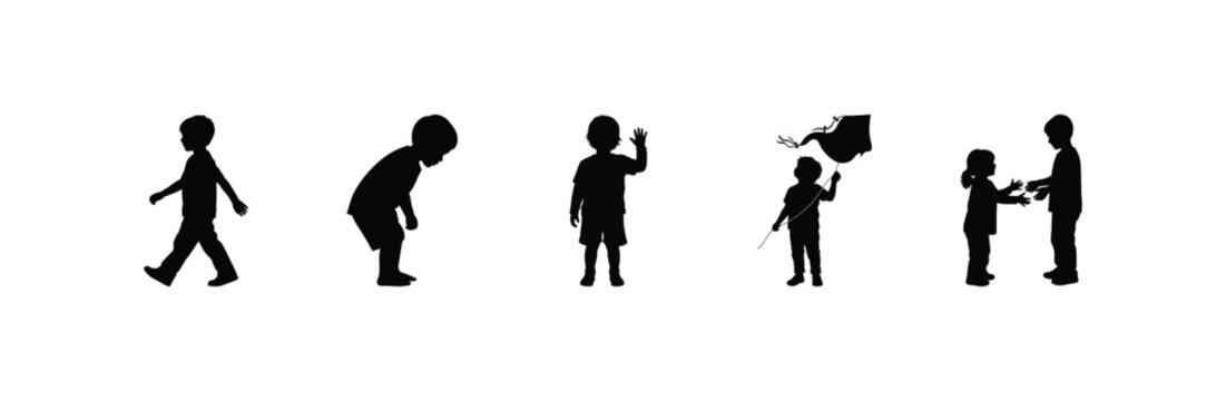 Silhouettes of children engaged in various activities including walking, bending, waving, flying a kite, and interacting with each other.