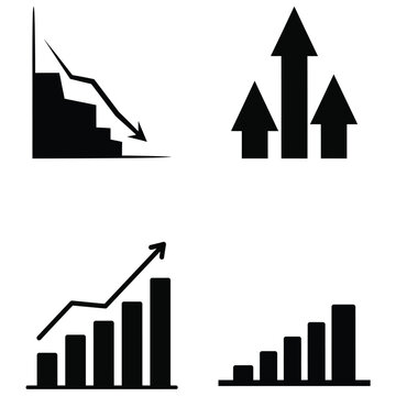 Four black and white graphic icons represent stock market trends, financial growth, and decline.