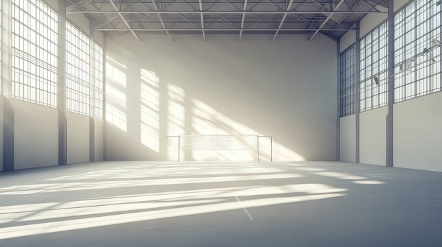 Spacious indoor sports hall with natural light and empty goal area