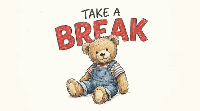 Hand Drawn Vector Illustration of a Cute Teddy Bear Doll Wearing Denim Overalls and Holding a Sign with the Slogan Take a Break Mascot Character Design