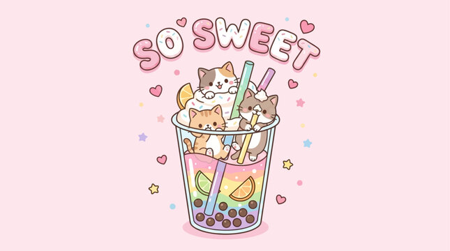 Adorable Kawaii Cartoon Kittens Resting Inside a Delicious Sweet Drink Cup with So Sweet Slogan Quote Vector Illustration for Childish Apparel and Playful Design Graphics