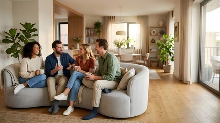 Fototapeta premium Four friends chatting and laughing while sitting on a sofa in a living room