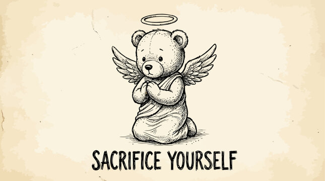 Monochrome hand drawn vector illustration of an innocent baby angel bear doll character featuring an inspirational sacrifice yourself slogan in a vintage sketch artistic style design.