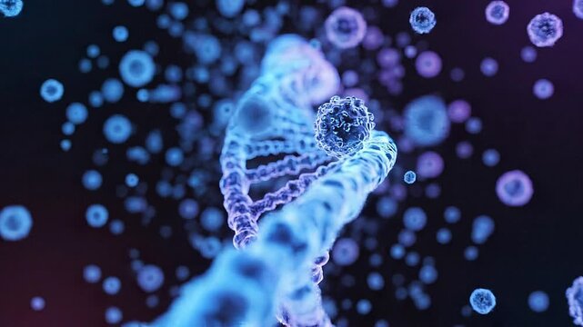 Double helix DNA structure floats amidst vibrant blue and purple orbs in a dark environment