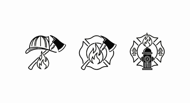 Firefighter department symbols with helmet axe and hydrant