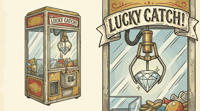 Hand-drawn vector illustration of a vintage claw machine arcade game grasping a sparkling diamond gemstone, featuring a lucky slogan typography design with retro aesthetic elements.