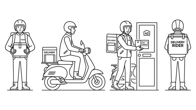 Delivery rider standing with food package and riding scooter delivering orders.