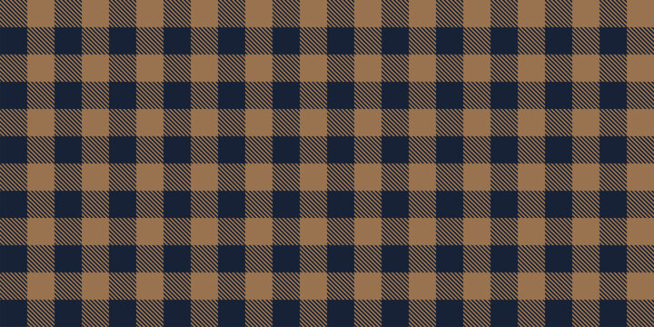 Seamless buffalo plaid pattern with diagonal striped squares in navy blue and warm brown tones, stylish geometric textile background for fabric, wrapping paper, fashion prints and modern decor