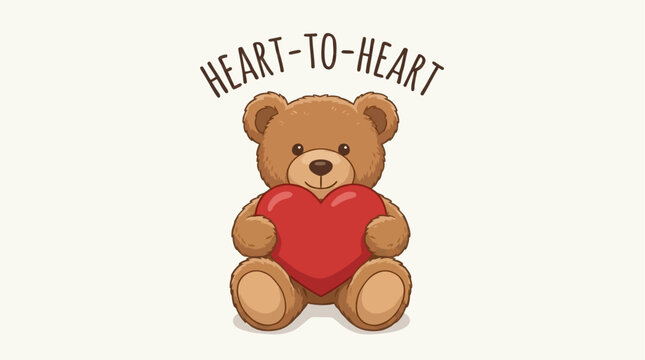 Adorable brown teddy bear plush toy holding a red heart shape with heart-to-heart typography slogan, cute cartoon animal vector illustration for greeting cards, love and friendship concept.