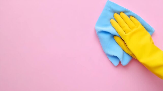 Hand in yellow rubber glove wiping pink surface with blue microfiber cloth, minimal cleaning concept, household care, copy space, fresh hygiene and bright domestic cleaning