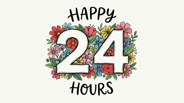Vibrant hand drawn floral typography featuring number twenty four and hours slogan, artistic botanical illustration with blooming petals and green foliage on white backdrop