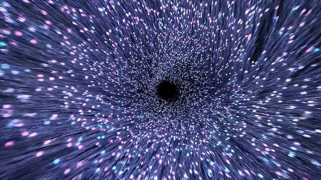 A swirling tunnel of vibrant purple and blue lights radiates outward from a central black hole in a mesmerizing display of colorful speed and motion.
