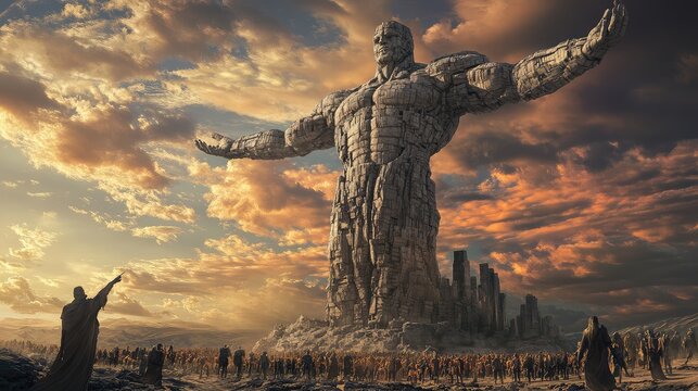 Majestic Stone Colossus Overlooking Ancient City at Sunset