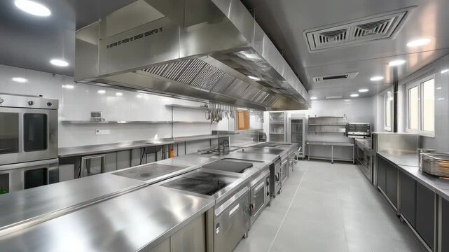 Modern empty commercial kitchen with stainless steel cooking stations, ventilation hoods and professional appliances, restaurant food preparation area and hospitality industry
