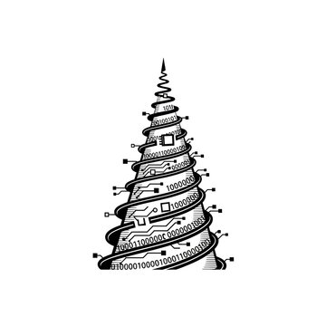 Futuristic spiral binary code tree structure.