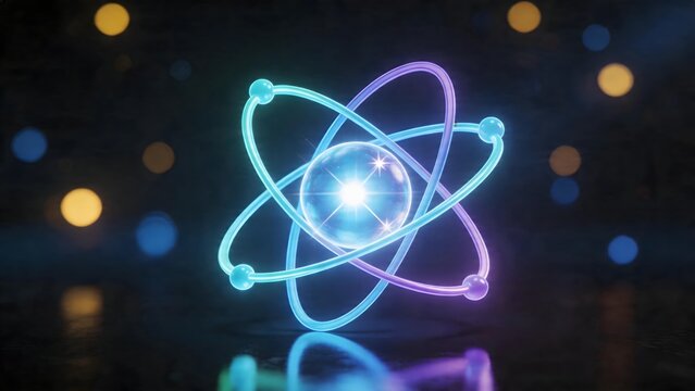 Glowing atom model with orbiting electrons