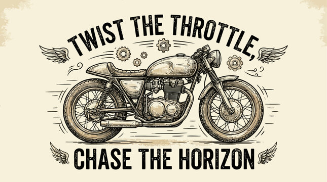 Retro hand-drawn line art illustration of a classic vintage motorcycle featuring a custom speed slogan typography design, perfect for apparel graphics and motor enthusiast emblems.
