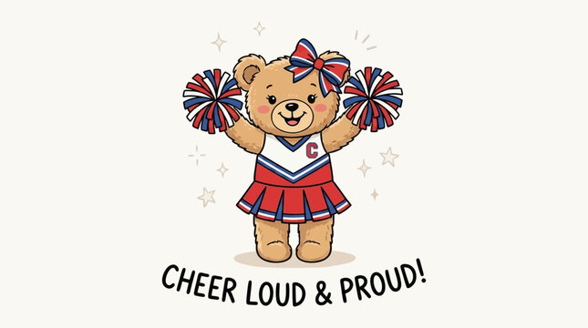 Charming Hand Drawn Teddy Bear Cheerleader Illustration with Cheerful Slogan Featuring Playful Graphics and Whimsical Animal Character Design for Motivational Stationery and Apparel Design