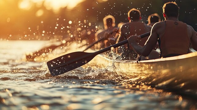 Team of Rowers Competing on Serene Lake During Sunset Glow