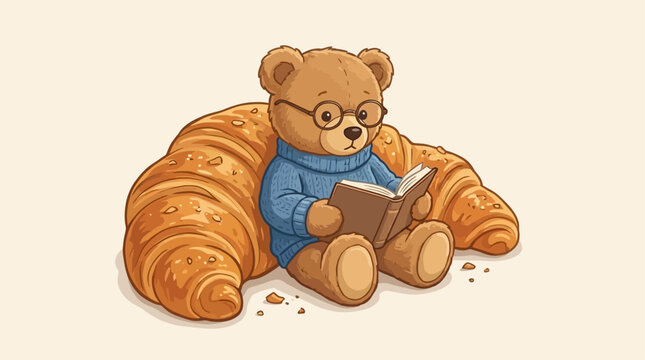 Whimsical vector illustration of a cute teddy bear plush doll sitting atop a flaky croissant while reading a small open book, cozy nursery art concept for children's books and stationery.