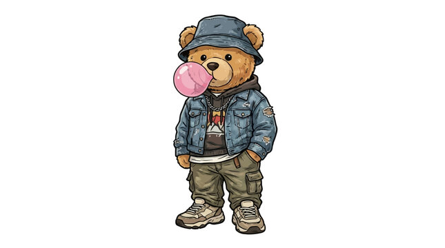 Handdrawn vector illustration of a trendy teddy bear character wearing urban street fashion apparel while blowing a pink bubble gum balloon, stylish streetwear teddy mascot design.