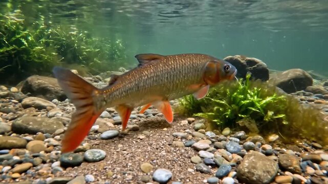 A fish swims peacefully underwater, surrounded by rocks and aquatic plants.