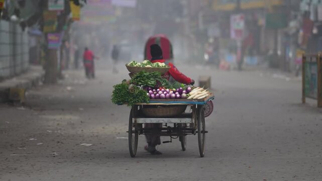 Bogura, Bangladesh - 10 October 2023: View of a street vendor pushing a cart loaded with fresh vegetables through a foggy morning street with a rickshaw in the background.