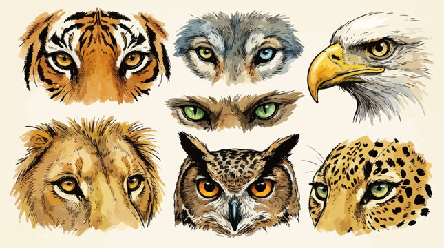 Handcrafted artistic sketch of diverse wild animal eyes, detailed predator and prey gaze illustration, manually drawn ink vector artwork, organic feline and raptor ocular vision graphic.