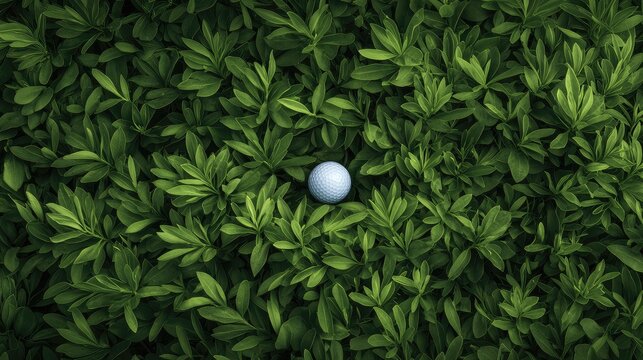 Golf Ball Hidden Among Lush Green Foliage and Leafy Textures