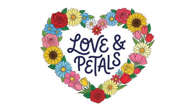 Vibrant floral heart arrangement featuring a unique creative slogan or inspirational quote set within a botanical frame of colorful blossoms and leaves in a flat vector illustration style.