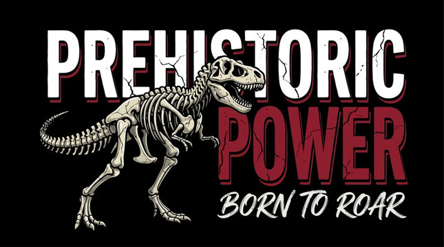 Artistic Vintage Typography Slogan with Prehistoric Dinosaur Skeleton Fossil Vector Illustration Isolated on Dark Black Background for Apparel Design or Poster